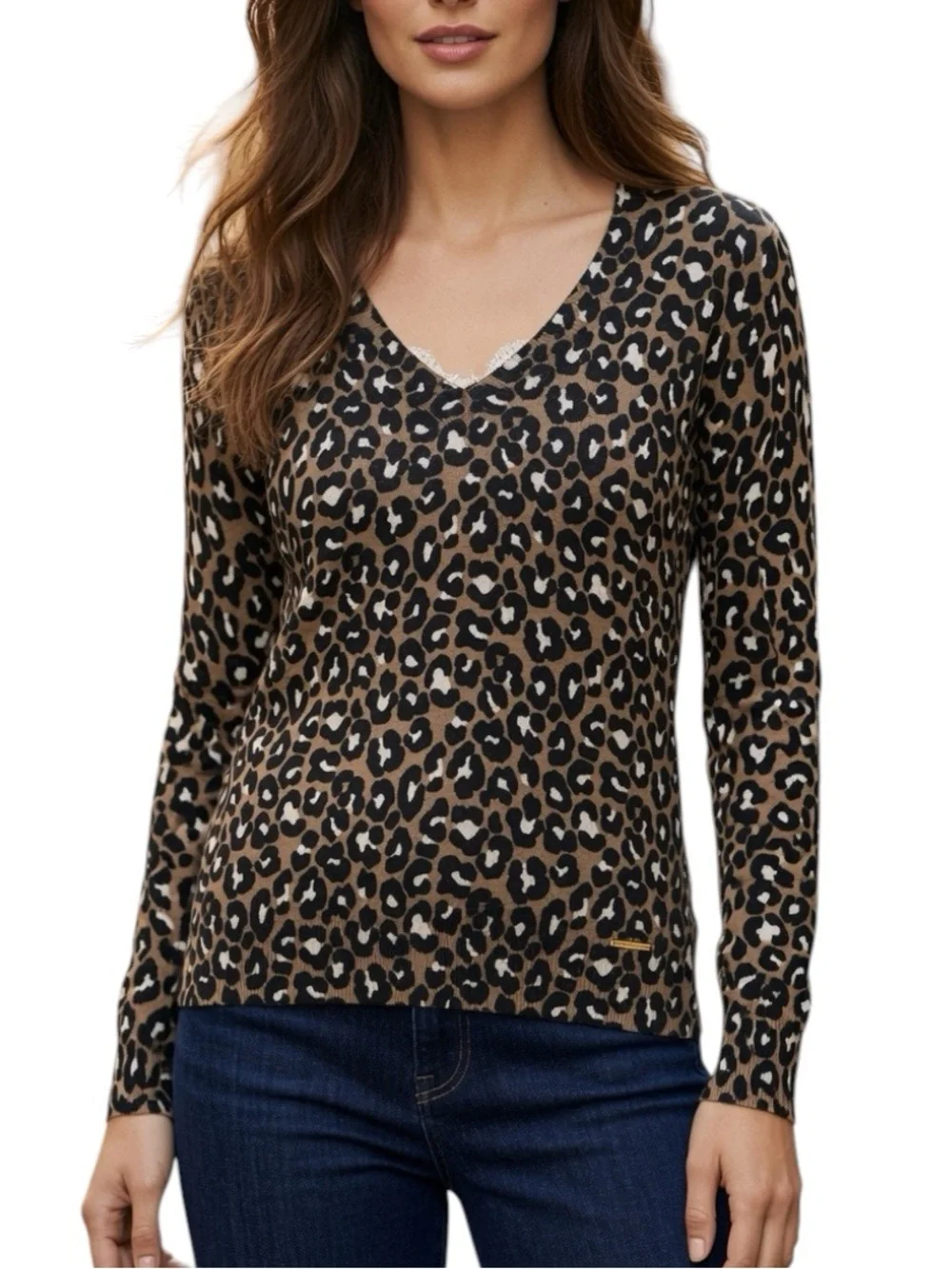 MICHAEL KORS: Long Sleeve V-Neck Leopard Print Sweater - Size Medium